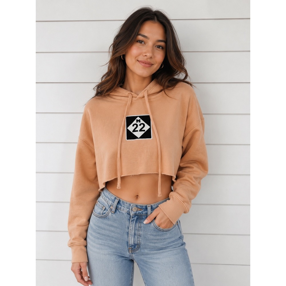 M22 Michigan Cropped Hoodie Peach Orange Graphic Sweatshirt Womens Small S